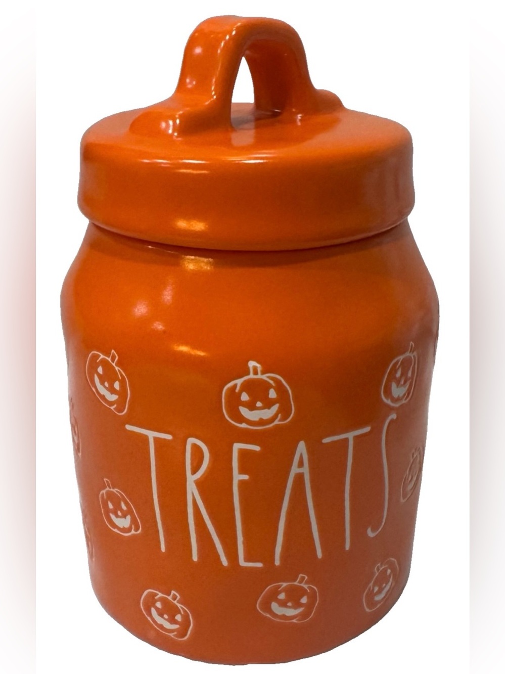 Rae Dunn Orange Halloween Canister/Candy Jar “Treats” Pumpkins All Over NWT
